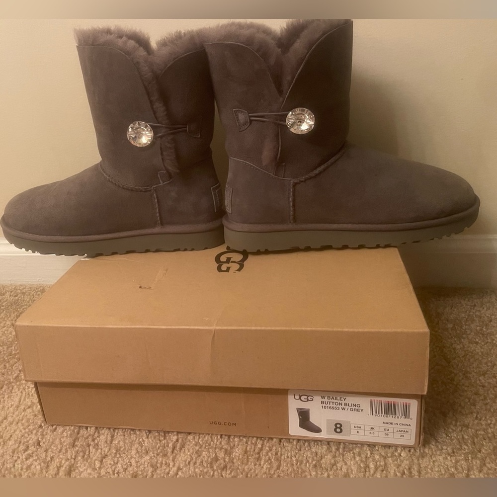 Grey Uggs with Bailey Swarovski Crystal Button.